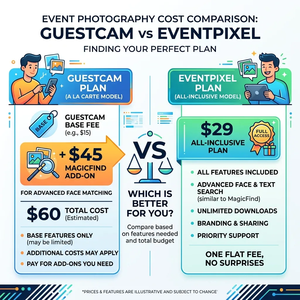 EventPixel vs GuestCam pricing model breakdown for AI face search
