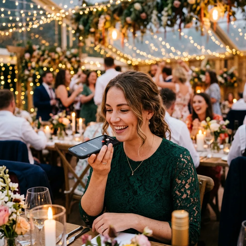 Wedding guest recording a voice message using EventPixel audio guestbook