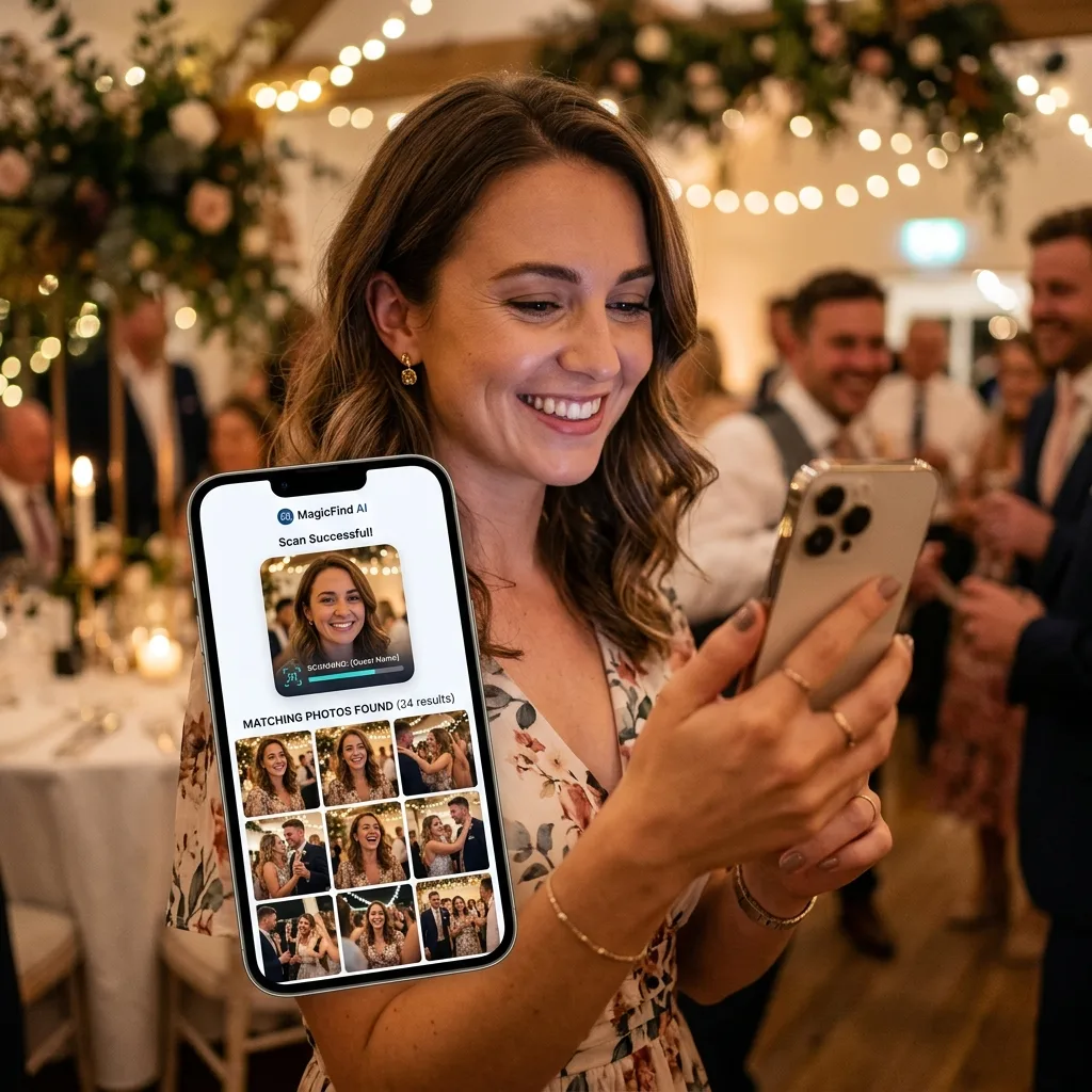 Wedding guest using MagicFind AI face search on EventPixel