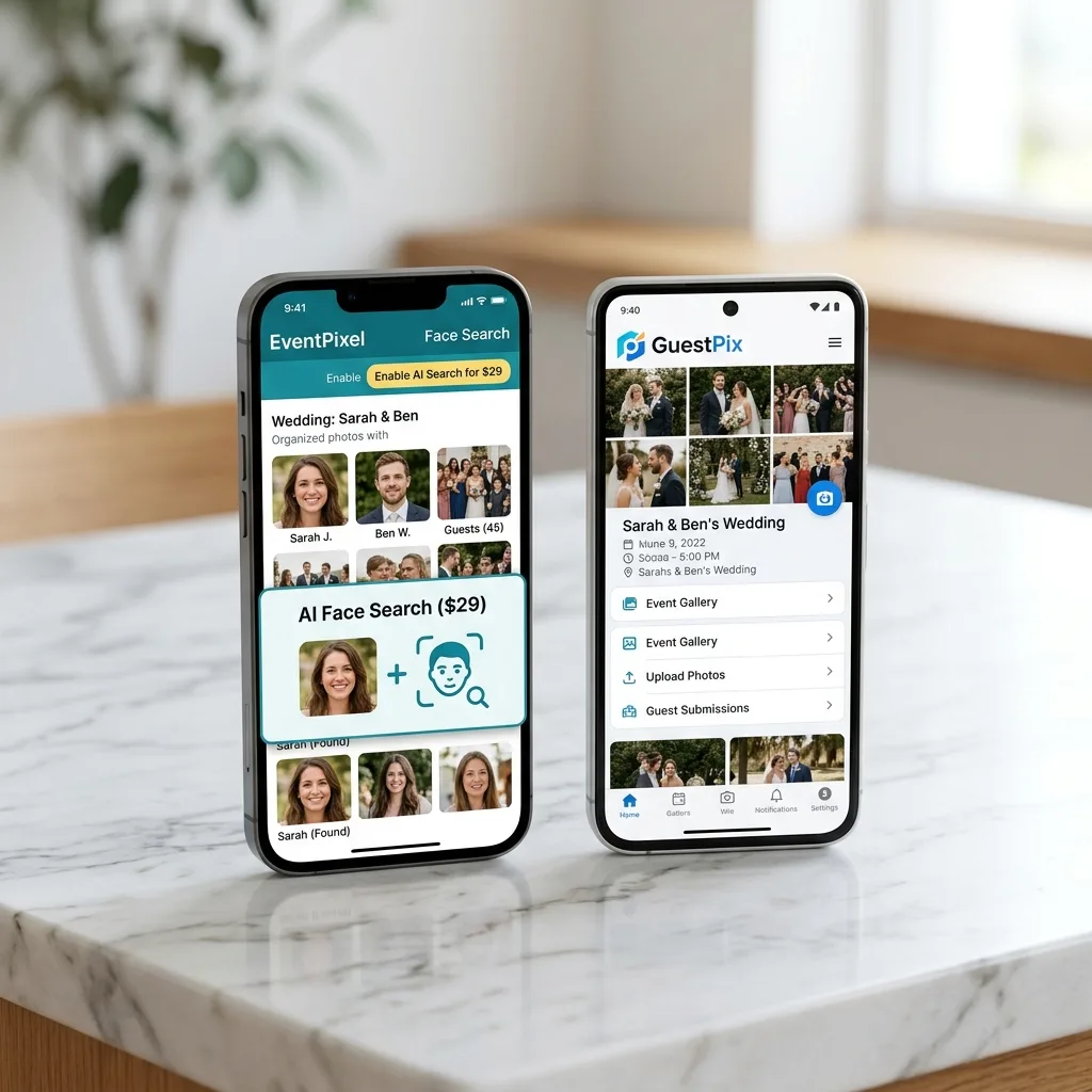 EventPixel vs GuestPix pricing tiers and feature comparison on mobile screens