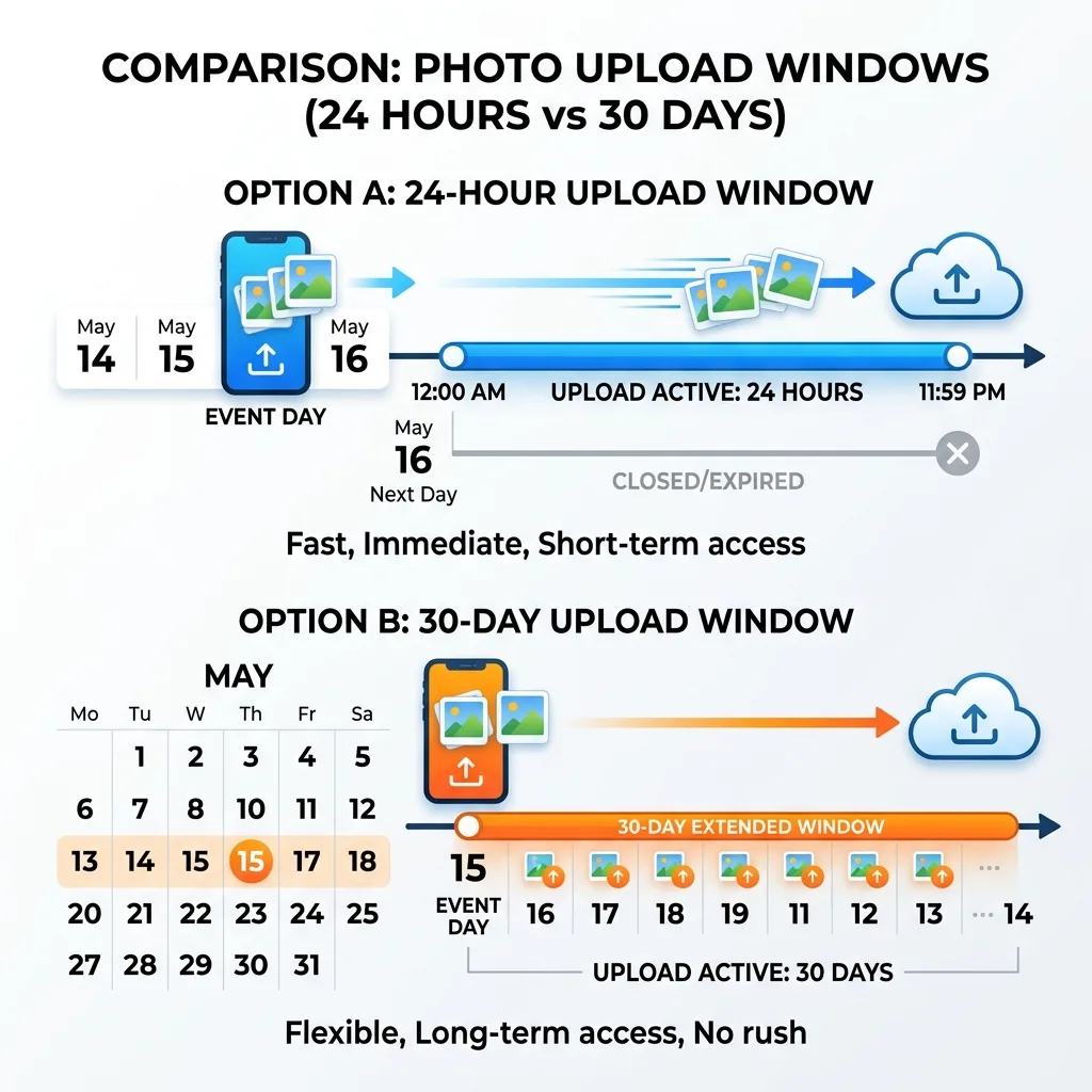 Comparison of 24-hour versus 30-day wedding photo upload windows