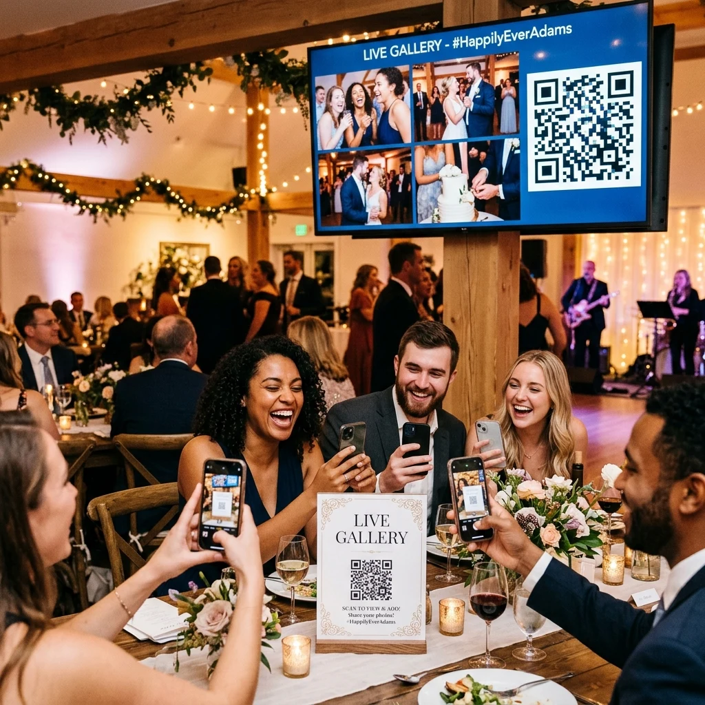 Wedding guests viewing a real-time live gallery wall slideshow on a venue screen