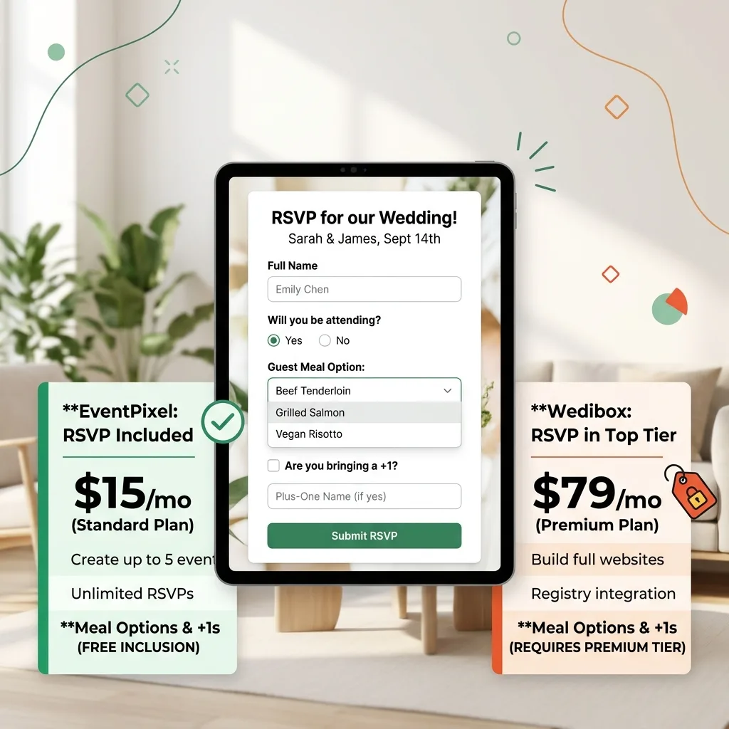 Wedding RSVP feature comparison between EventPixel and Wedibox