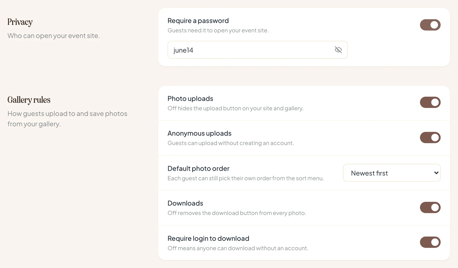 EventPixel event settings showing the Require a password switch with a password typed in, and the Gallery rules switches for photo uploads, anonymous uploads, downloads and require login to download