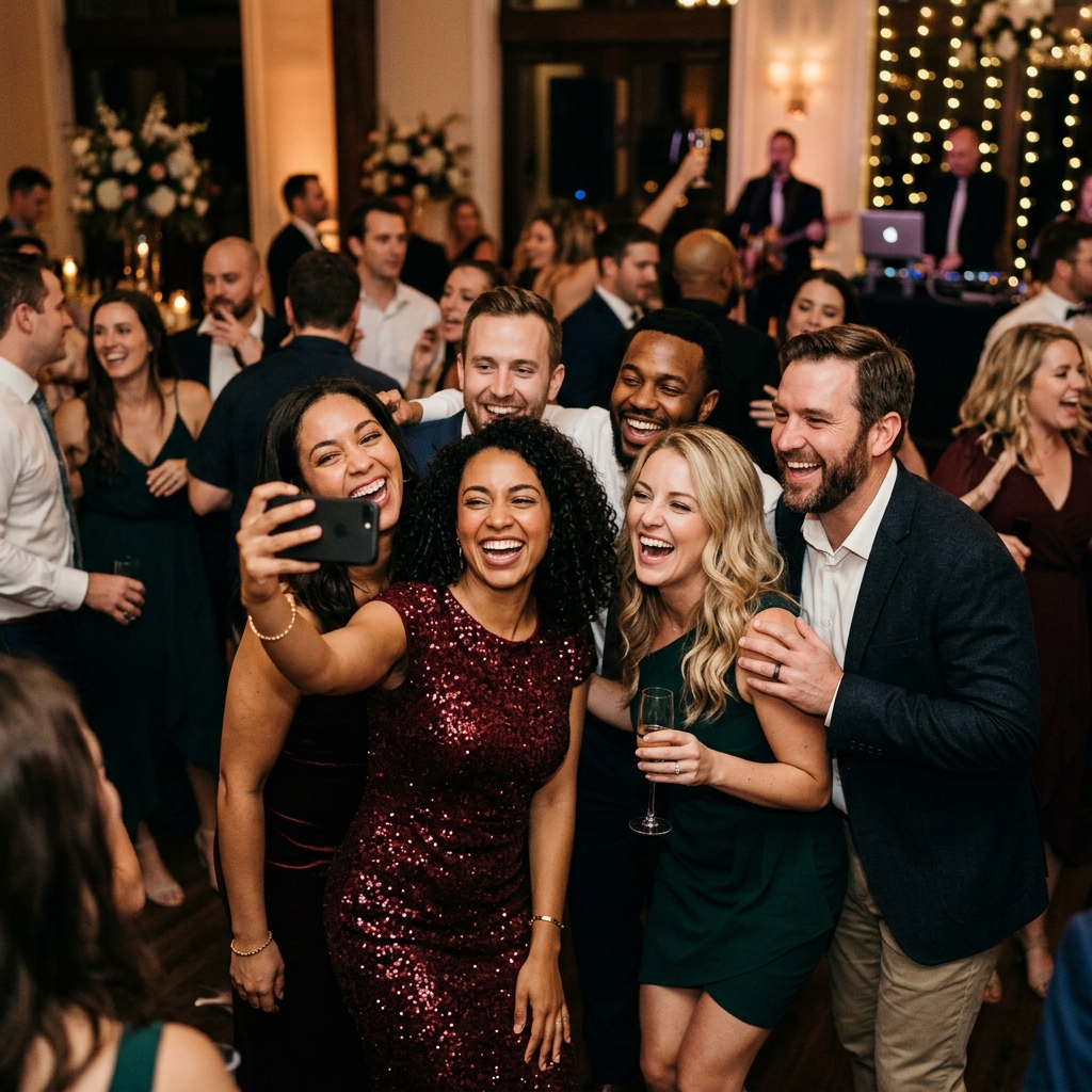 Wedding guests laughing together while sharing photos from their phones at the reception