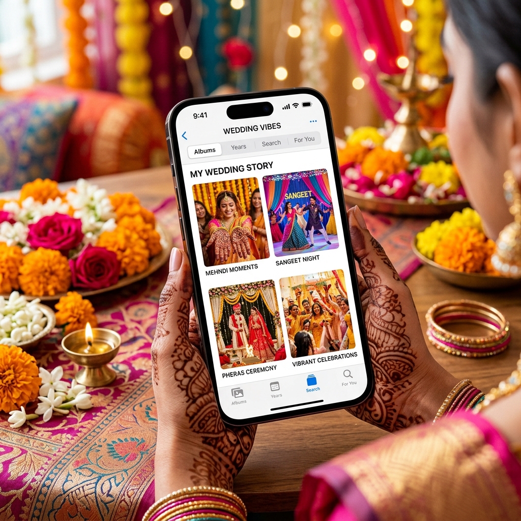 Smartphone displaying multiple vibrant Indian wedding event albums such as Mehndi, Sangeet, and Pheras on its screen
