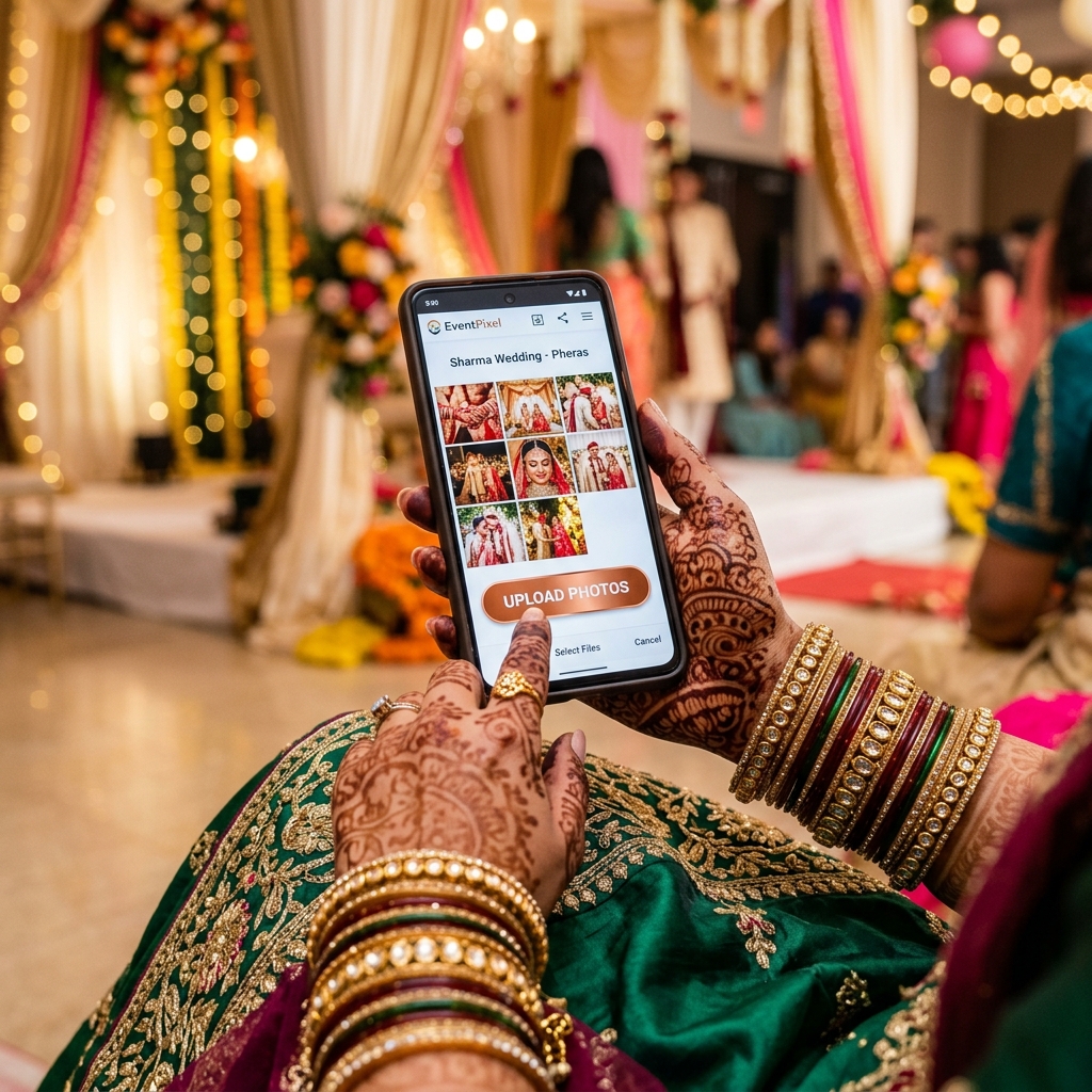 Joyful wedding guests scanning a scannable table card to access the digital wedding album