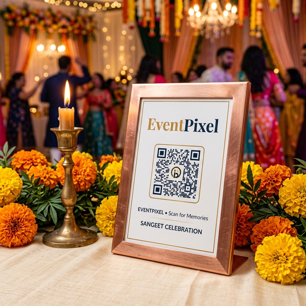 A simple how it works diagram for setting up a wedding qr code photo sharing gallery