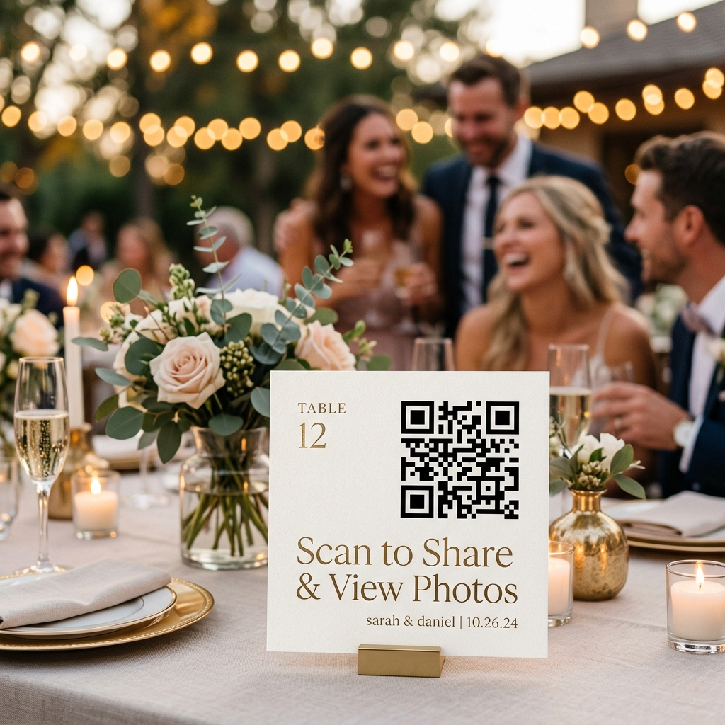 Step-by-step minimal infographic explaining how to create a digital wedding album on EventPixel