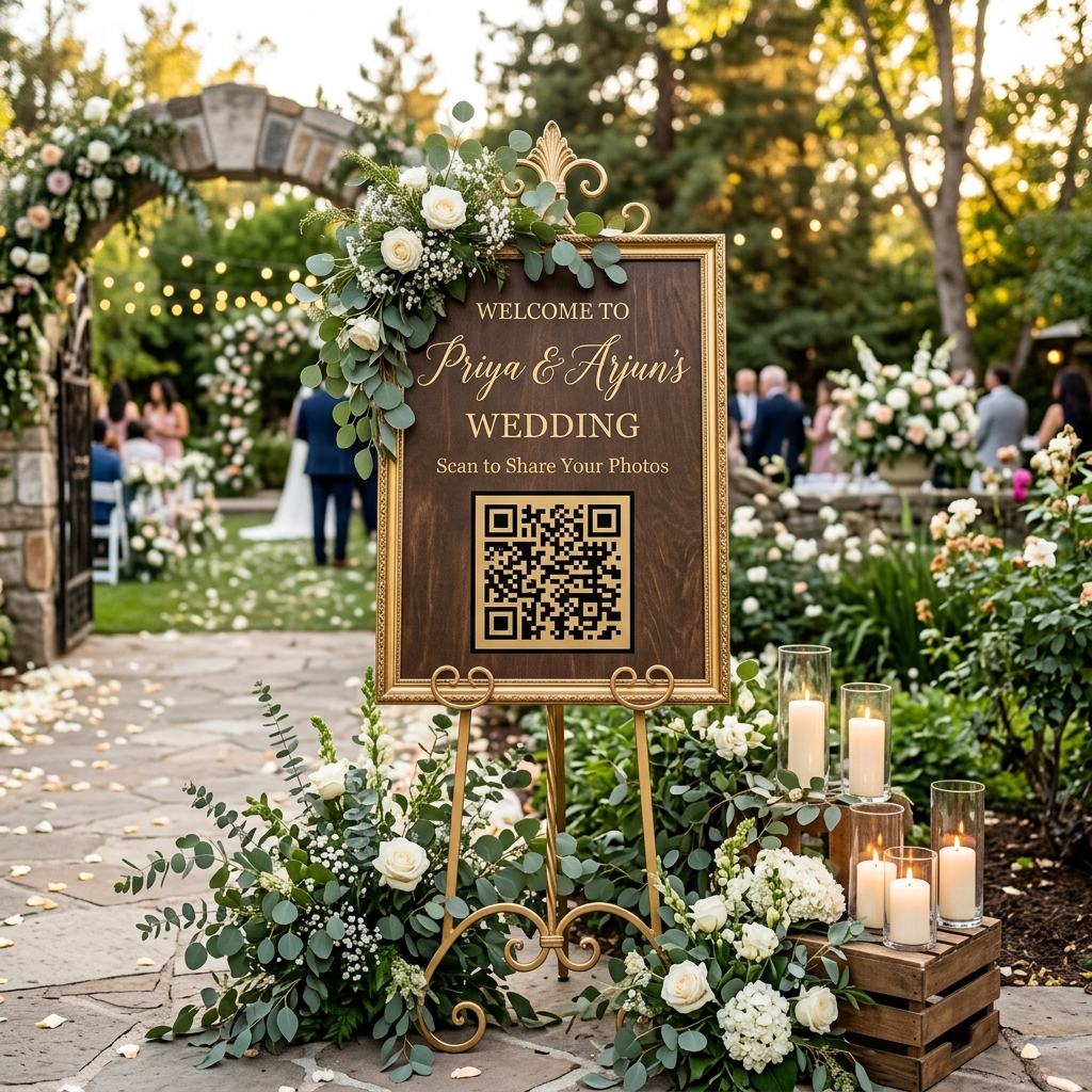 A beautifully decorated welcome sign at a wedding venue entrance featuring a prominent scannable QR code
