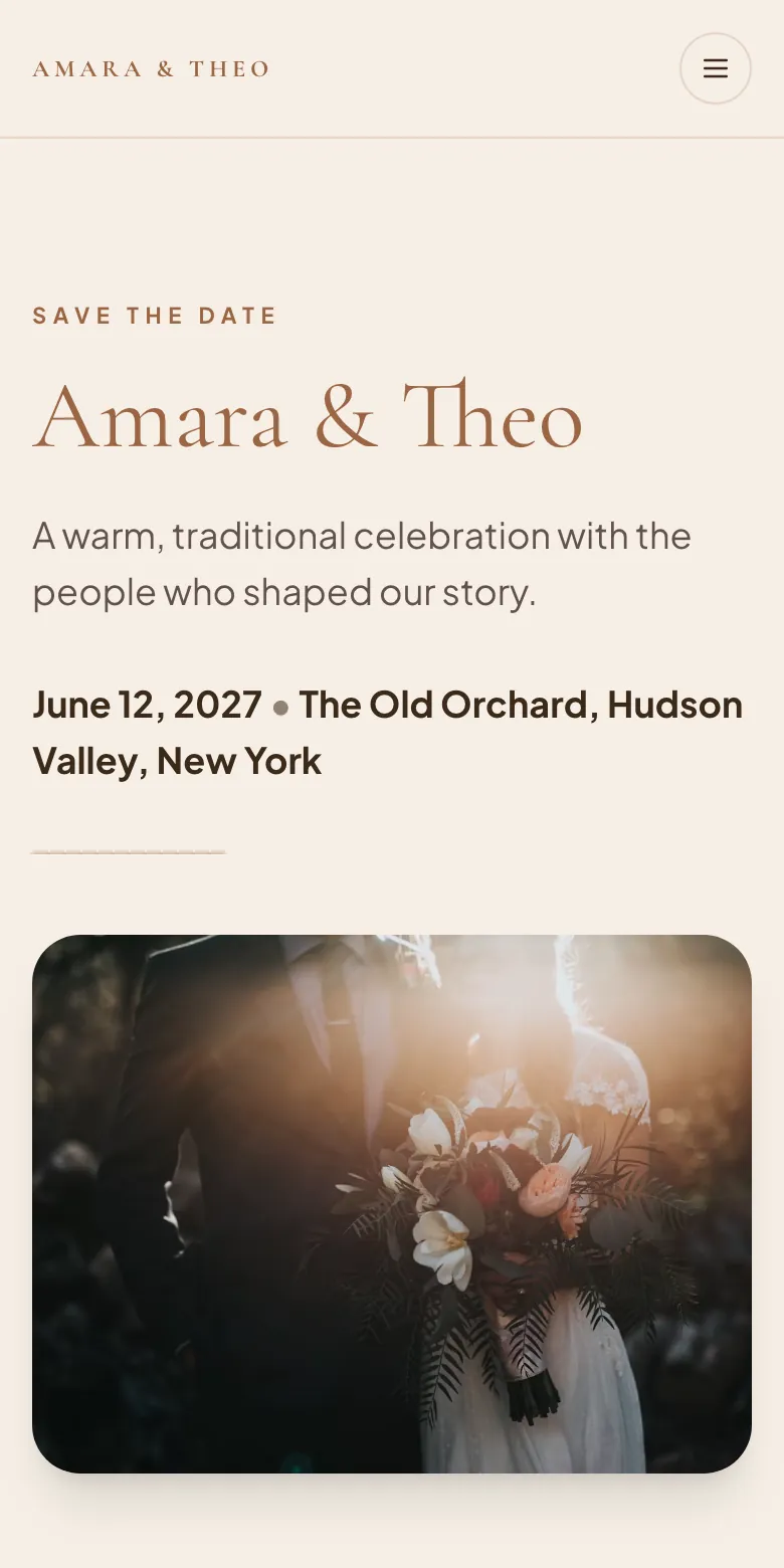 Classic wedding website template on a phone